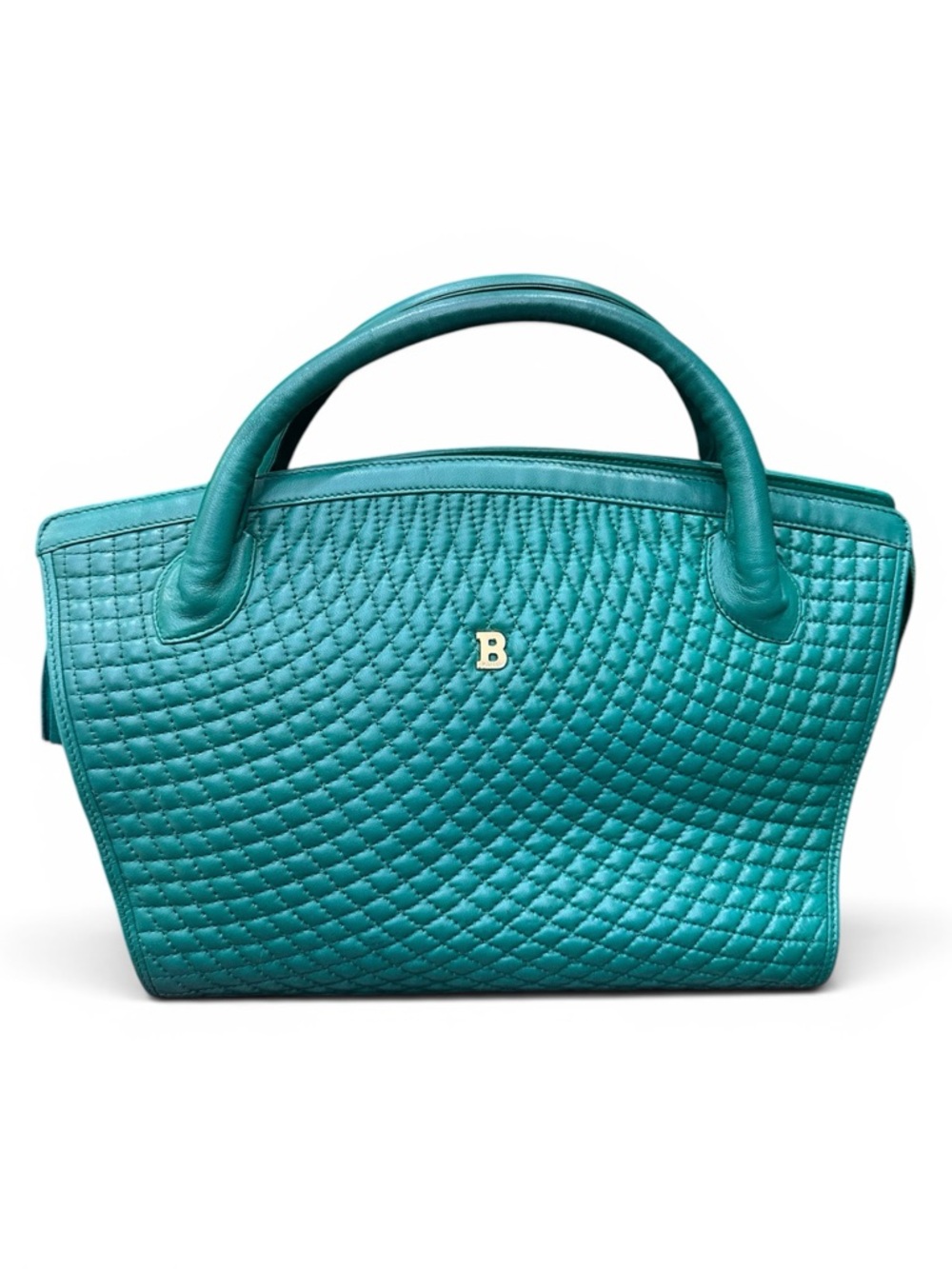 Vintage Bally Quilted Lambskin Leather Tote Teal Italy 1970s- 1980s B Logo Bag